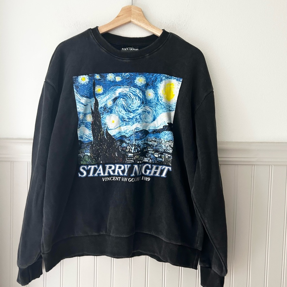 Cozy Vincent Van Gogh Starry Night Black Crew Neck Sweatshirt size large